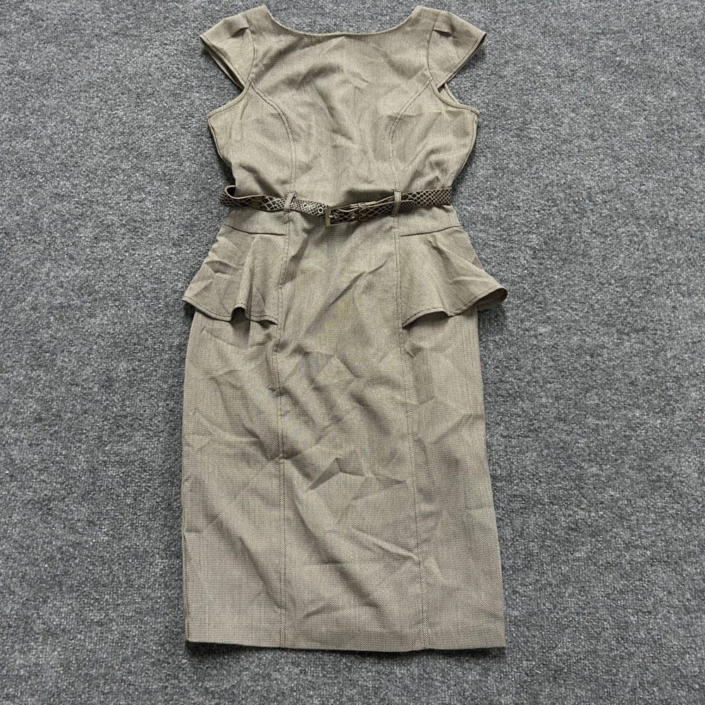XOXO Peplum Dress Womens Size 7/8 Tan Micro Pattern Belted Cap Sleeve Sheath